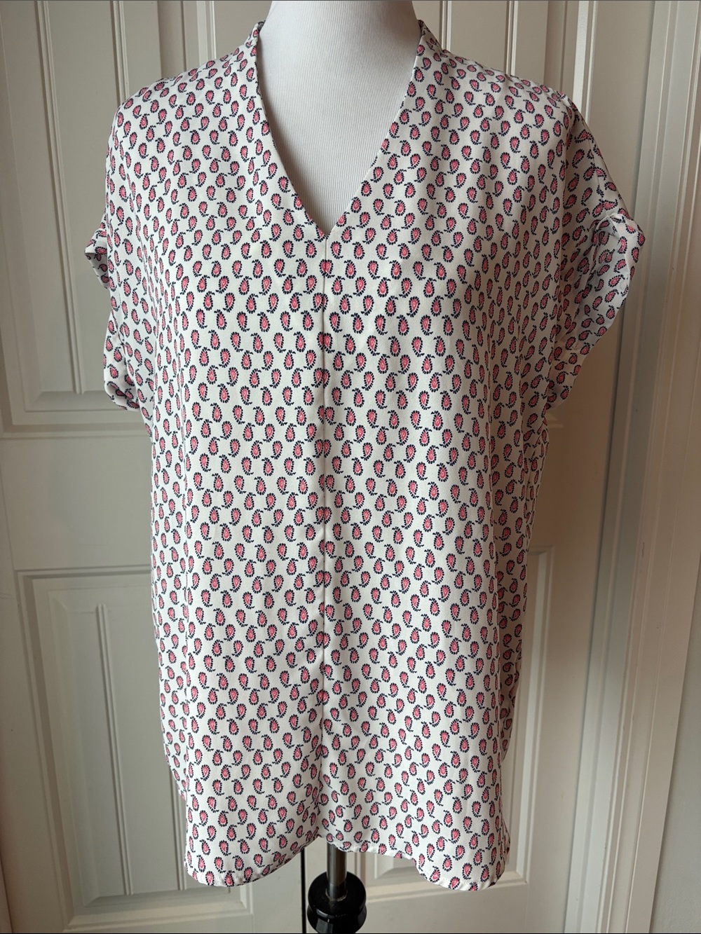 Pleione Ivory V-Neck Short Sleeve Top with Pink Dot Print